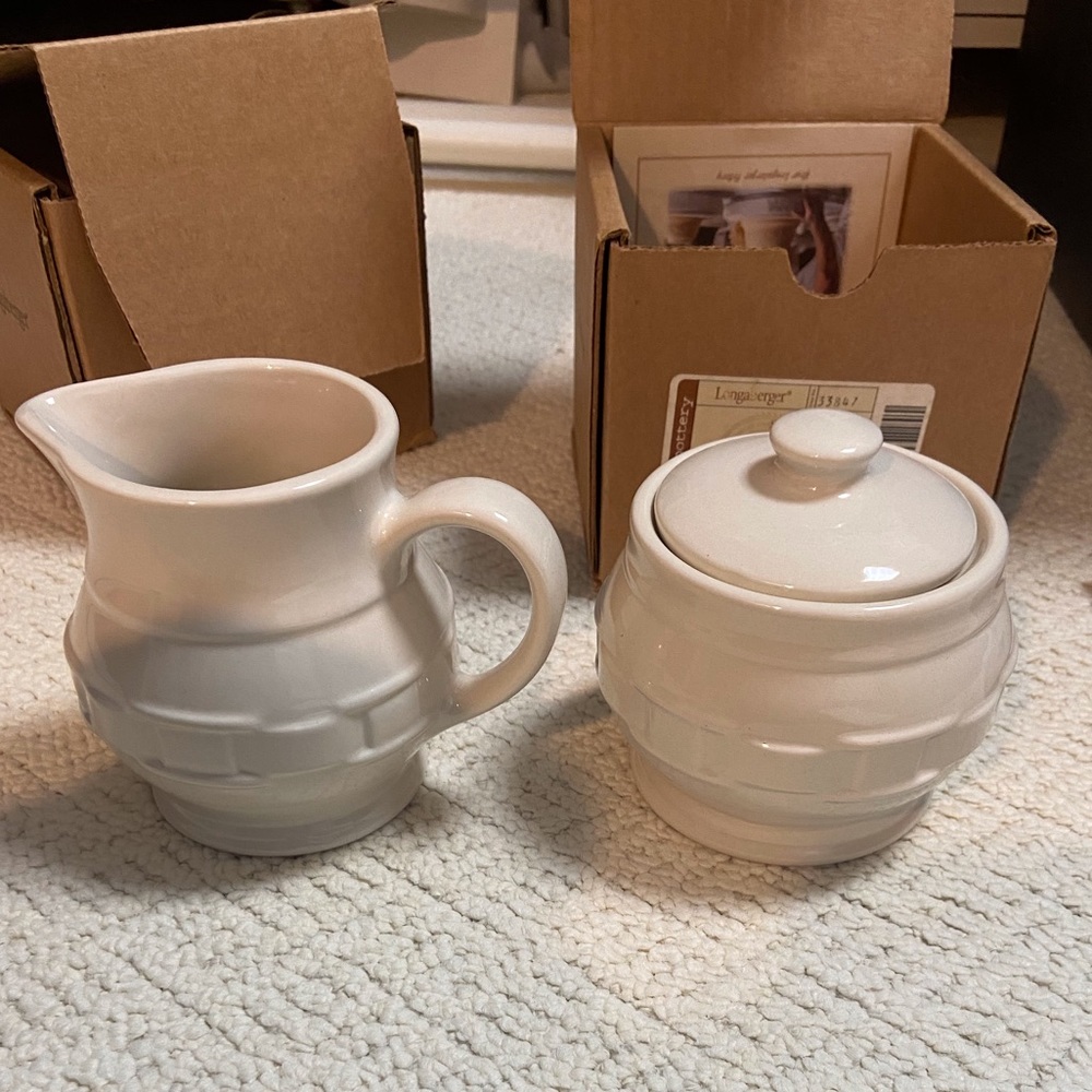 Longaberger ivory sugar bowl with lid and creamer